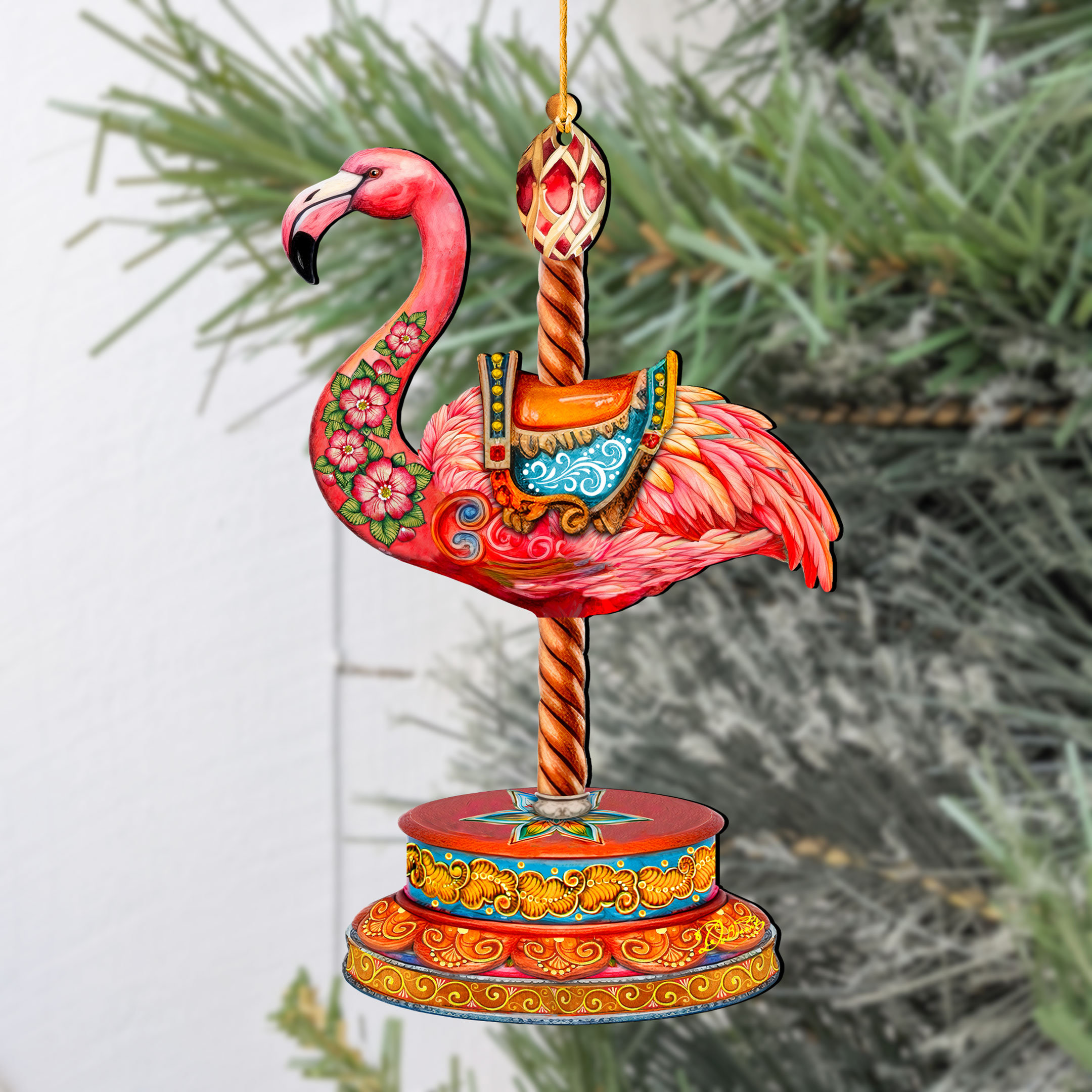 The Holiday Aisle® Pink Flamingo Carousel Christmas Wooden